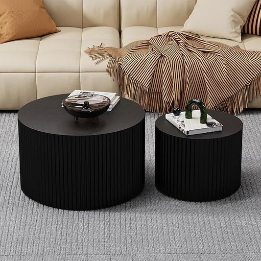 Round Nesting Coffee Table Modern Fluted Coffee Table Set of 2 Stripe Round Coffee Tables Circle Drum Coffee Tables Side Table Accent End Table for Living Room (Black Small)