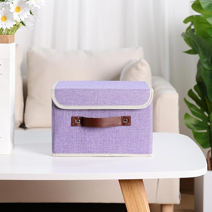 ANMINY 4PCS Storage Bins with Lid PU Leather Handles Storage Boxes PP Plastic Board Decorative Foldable Lidded Cotton Linen Fabric Home Cubes Baskets Closet Organizer Containers - Purple, Small Size-NeatNest