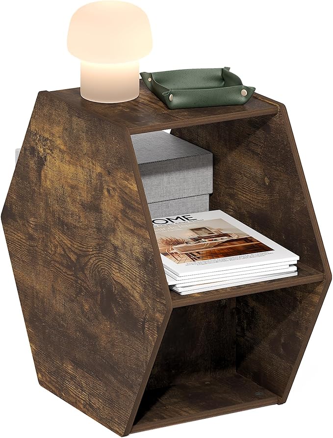 Furinno Modern Hexagonal Coffee Table, Unique Coffee Table, Center Table with Open Storage Shelf, Amber Pine-NeatNest