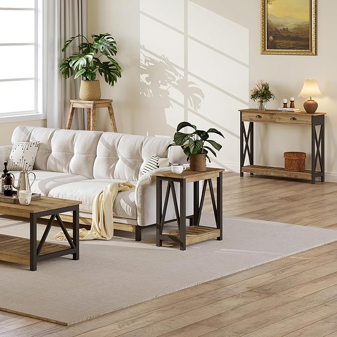 ChooChoo Farmhouse End Table Set of 2, Rustic Vintage Narrow End Side Table with Storage Shelf for Small Spaces for Living Room, Bedroom Rustic Oak & Black-NeatNest