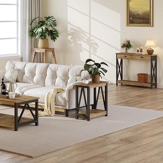 ChooChoo Farmhouse End Table Set of 2, Rustic Vintage Narrow End Side Table with Storage Shelf for Small Spaces for Living Room, Bedroom Rustic Oak & Black-NeatNest