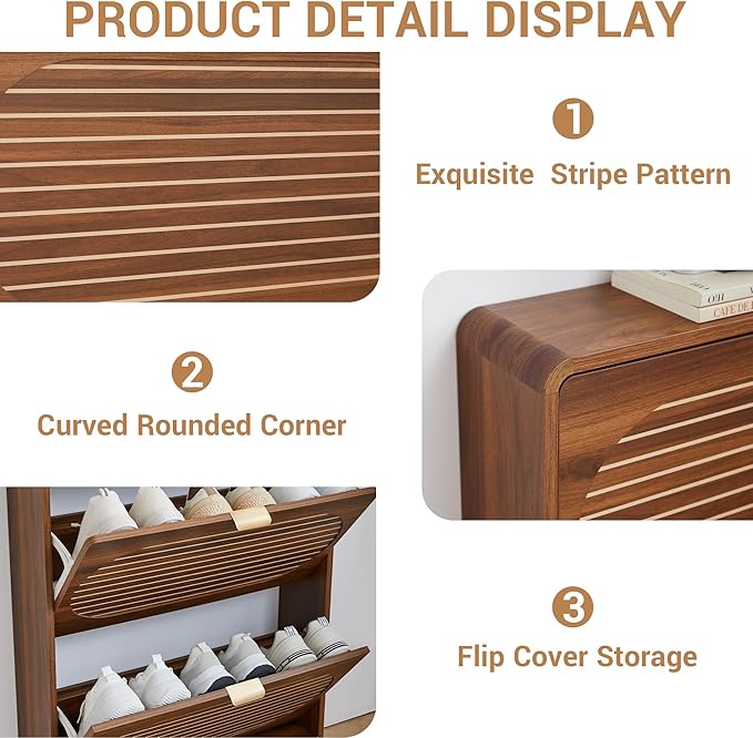 Narrow Shoe Storage Cabinet for Entryway with 2 Flip Drawers, Curved Edge Shoe Cabinet with Arched Stripe Panel, Freestanding Wood Shoe Organizer Closed Shoe Rack for Hallway, Foyer(Walnut)-NeatNest