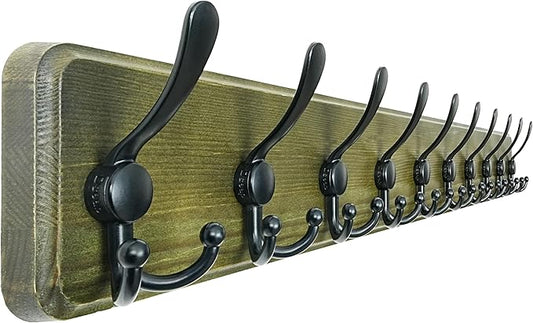 Dseap Coat Rack Wall Mount - 38-1/4" Long, Heavy-Duty, 10-tri-Hooks, Barnwood-Style Wooden Wall Coat Hanger Hook Rail for Winter Coats Hat Jacket Clothing, Weathered Green & Black
