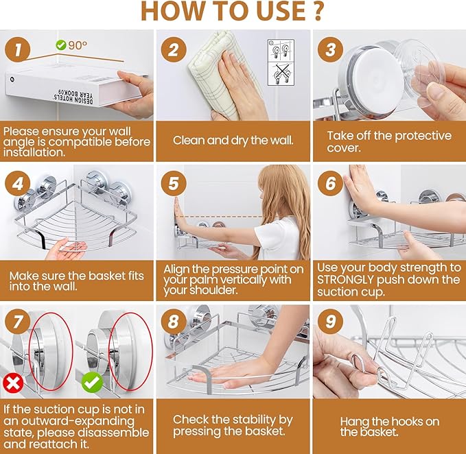 LEVERLOC Powerful Suction Cup Corner Shower Caddy 2 Pack, Stainless Steel Rustproof Shower Shelf with Hooks, Drill-Free Wall Mounted Bathroom Organizer, Large Capacity Removable Suction Basket, Silver