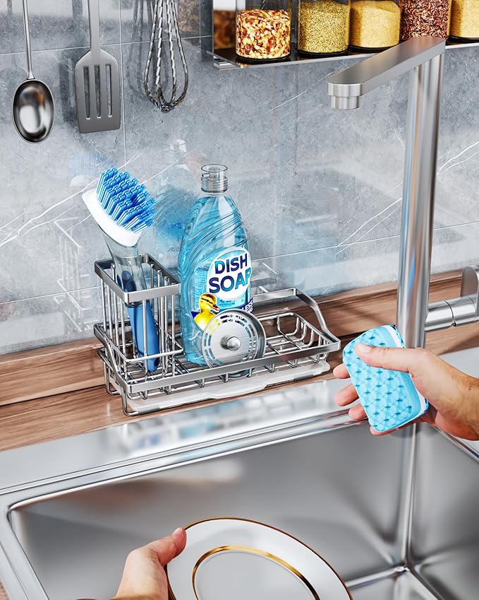 Consumest Sink Caddy, Kitchen Sponge Holder with Dish Brush Holder, Kitchen Organizer with Drip Tray for Countertop, Stainless Steel Rustproof - Silver-NeatNest