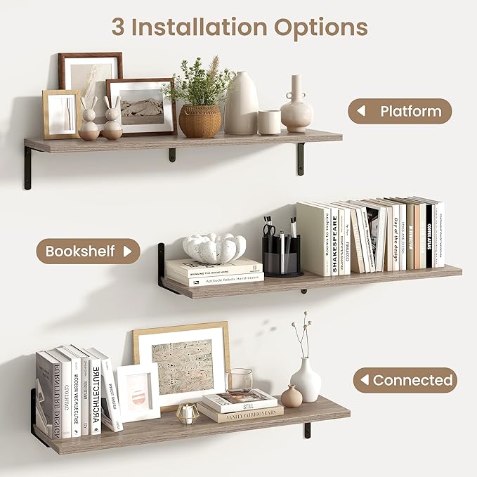 Fun Memories Deep Floating Shelves, 36W x 8D Floating Shelves Set of 2, Wall Mounted Shelf with Metal Brackets, Rustic Wood Wall Shelf for Bathroom, Kitchen and Living Room, Grey-NeatNest
