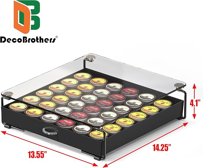 DecoBrothers Crystal Tempered Glass Holder Drawer for 36 Coffee Pods Storage, Black-NeatNest