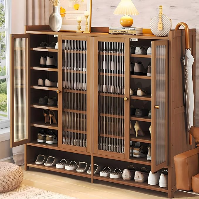 Bamboo Shoe Cabinet, 8-Tier Shoe Storage Cabinet with Doors, Freestanding Bamboo Shoe Rack Organizer with Shelves for Entryway, Hallway, Closet, Living Room (Brown-5)
