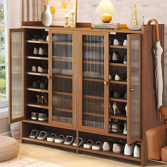 Bamboo Shoe Cabinet, 8-Tier Shoe Storage Cabinet with Doors, Freestanding Bamboo Shoe Rack Organizer with Shelves for Entryway, Hallway, Closet, Living Room (Brown-5)