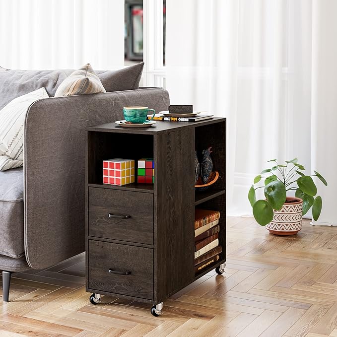 HOSTACK End Side Table, Narrow Nightstand with Storage Drawers and Adjustable Shelf, Rolling Bedside Table for Bedroom, Living Room, Home Office, Dark Brown, Set of 2