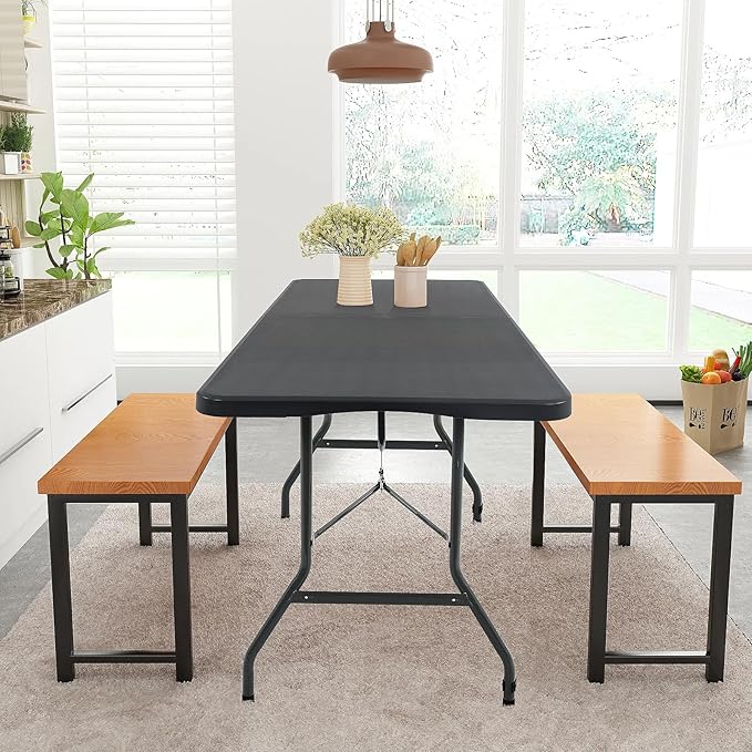 6ft Folding Table, Heavy Duty Foldable Table with Handle, Portable Fold-in-Half Utility Tables for Indoor & Outdoor Use Perfect for Camping BBQ Party Wedding Market Events, Black-NeatNest