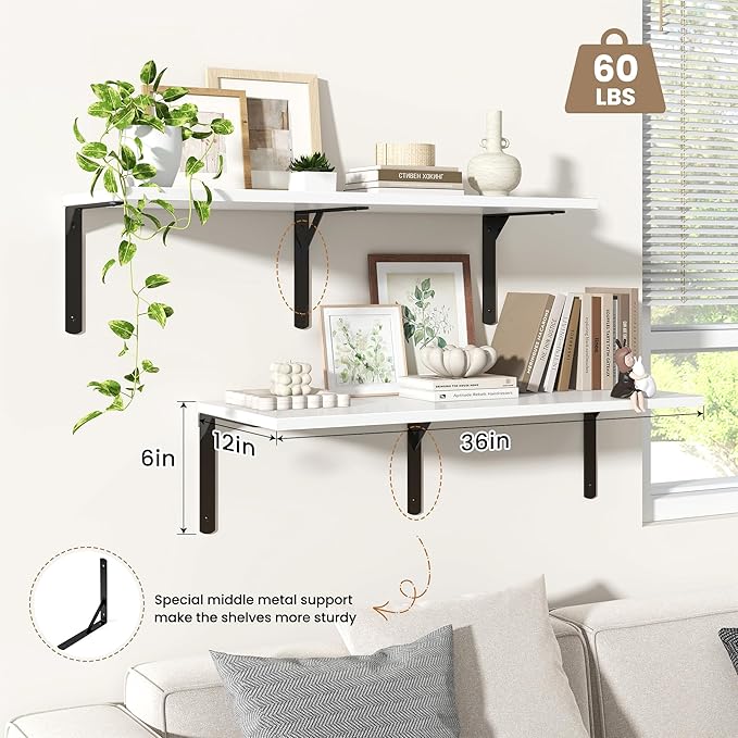 Fun Memories Floating Shelves for Wall, 12 Inch Deep Floating Shelves Set of 2, Wall Mounted Shelf with Metal Brackets, Rustic Wood Wide Shelf for Bathroom, Kitchen and Living Room, White, 36W x 12D-NeatNest