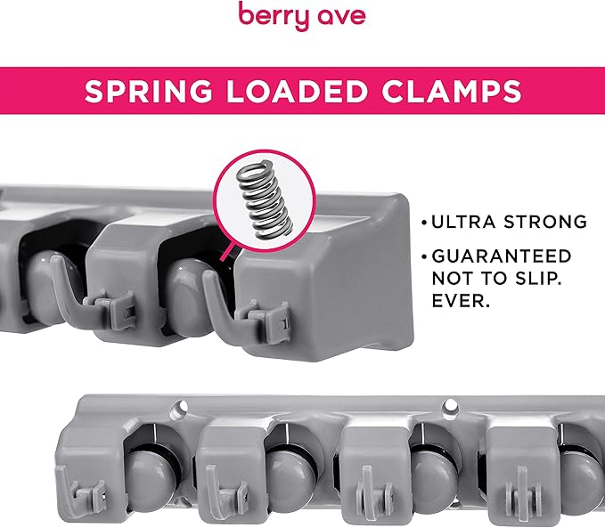 Combo 5 Slot Broom Holder w/ 1 Self Adhesive Mop Gripper No-Drilling, Wall Mount Tool Organizers For Kitchen, Garage, Laundry Room- Anti-Slip Hanger For Brooms, Mops, Rakes, Dustpans (Grey / White)-NeatNest