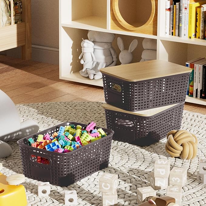 6-Pack Stackable Storage Bins with Bamboo Lids, Small 5 Qt Decorative Plastic Storage Baskets Boxes Containers with Labels for Organizing Shelves Classroom Closet Office Bathroom, Brown-NeatNest
