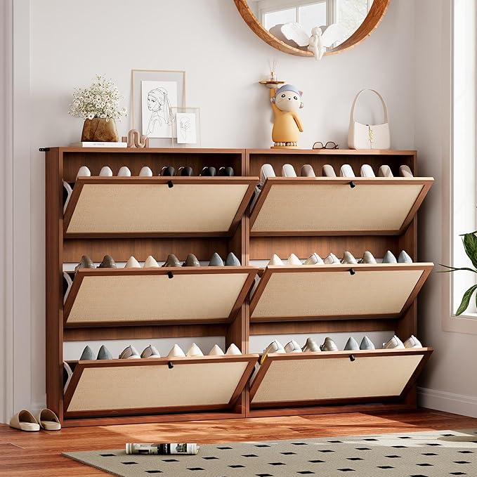 AVZEAR Narrow Shoe Storage Cabinet for Entryway with Natural Linen Panel, Freestanding Slim Shoe Cabinet with 3 Flip Drawers, Wood Shoe Organizer Closed Shoe Rack for Hallway, Living Room(Walnut)-NeatNest