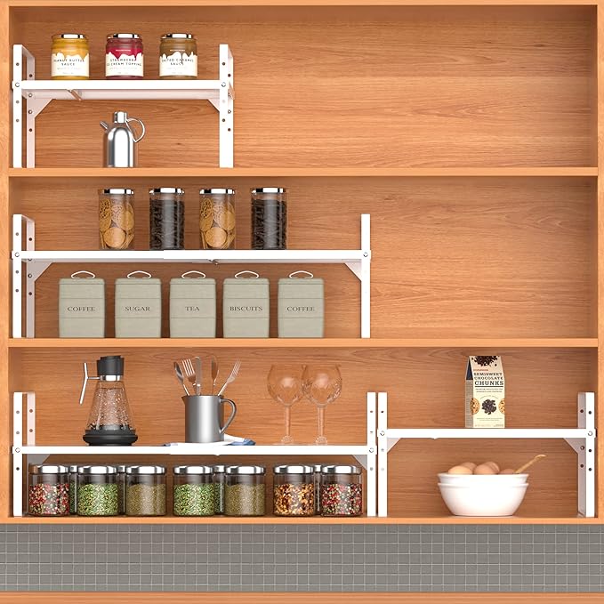 Expandable Kitchen Cabinet Shelf Organizers, Stackable Metal Pantry Storage Shelves Rack, Adjustable Counter Spice Shelf for Cabinets, Countertop, Cupboard Organizers and Storage, White-NeatNest