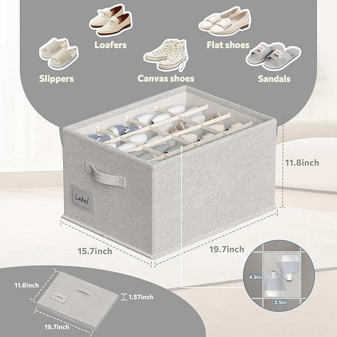 2 Pack Shoe Organizer For Closet, Fits 16-32 Pairs Fabric Shoe Storage Bins Large Shoe Box Storage Containers with Bottom Support For Shoes Space Saving Shoes Holder (Light Grey)-NeatNest