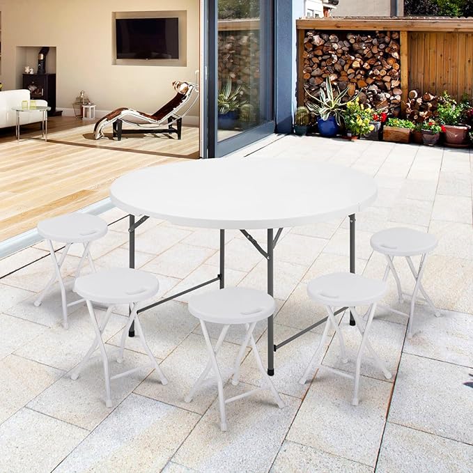 Athena Collection 4ft Plastic Folding Dining Table, Large Foldable Round Card Table Portable with Carry Handle Heavy Duty Fold-in-Half for Indoor Outdoor Party Camping, White-NeatNest