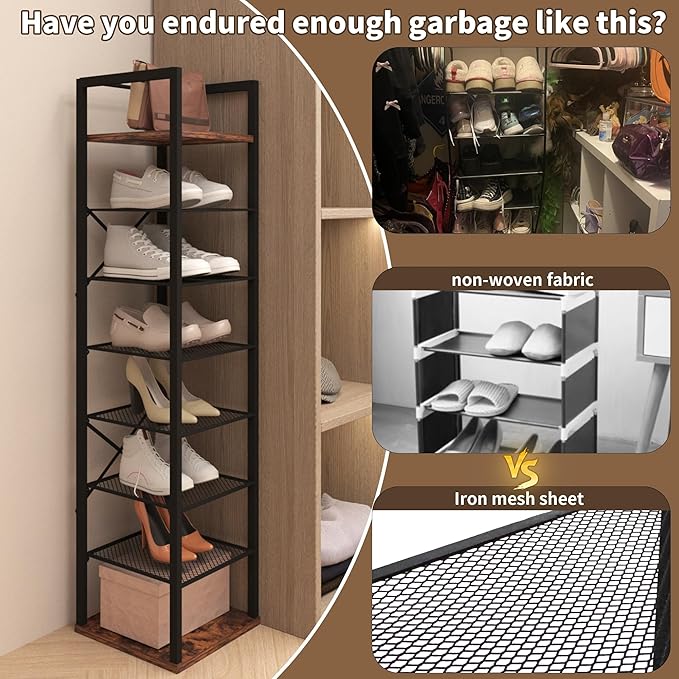 8 Tier Vertical Shoe Rack, Narrow Shoe Storage Organizer with Hooks, Slim Corner Shoe Tower Rack, Adjustable Tall Shoes Shelf, Entryway Living Room Bedroom, Rustic Brown-NeatNest