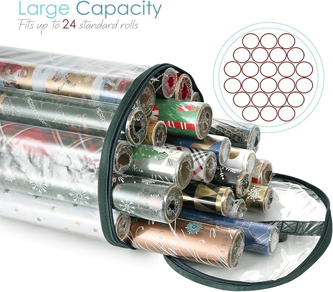 Hearth & Harbor Wrapping Paper Storage Container - Clear Wrapping Paper Holder Fits Up To 14 Rolls of 40" - Tear Proof Gift Wrapping Organizer Storage - Premium Christmas Storage Bag For Easy Carrying-NeatNest