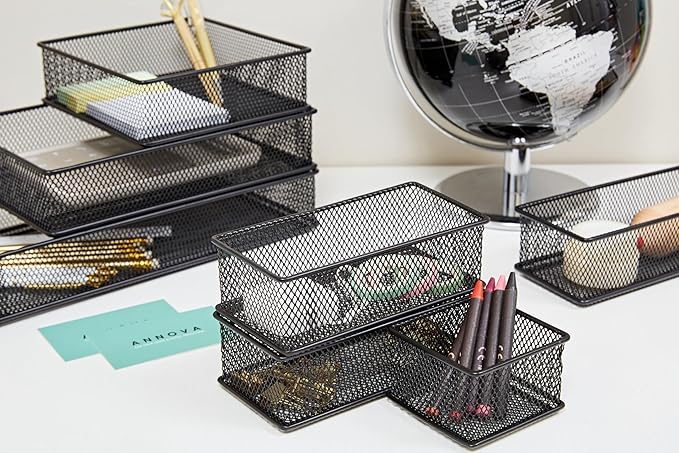 Annova Mesh Stackable Drawer Cabinet and Shelf Organizer Bins Storage Basket School Office Supply Holder Tray- Set of 2 (Black, 3x9x2 Inch)-NeatNest