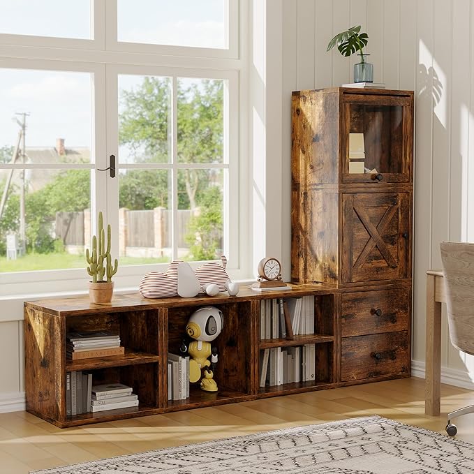 FUSUNBAO Magic DIY Cube Storage Organizer Stackable Cubes for Home Books Clothes Toy-Modular Cubby Storage System-Office Cubical-Bookcase Closet(Antique Brown, Glass Door Cube)-NeatNest