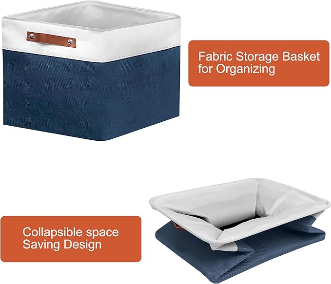 13in Open Fabric Storage Basket with Leather Handles for Organizing, Collapsible Linen Closet Bins for Shelves, Closets, Laundry, Decorative Basket for Gifts. (White＆Blue, 2PCS/13x13in)-NeatNest
