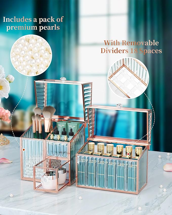 Large Makeup Organizer, Glass Cosmetic Storage with Drawers, Stackable Makeup and Jewelry Organizer for Vanity Table, Bathroom Countertop, Skincare, Lipsticks, Perfume, Brushes