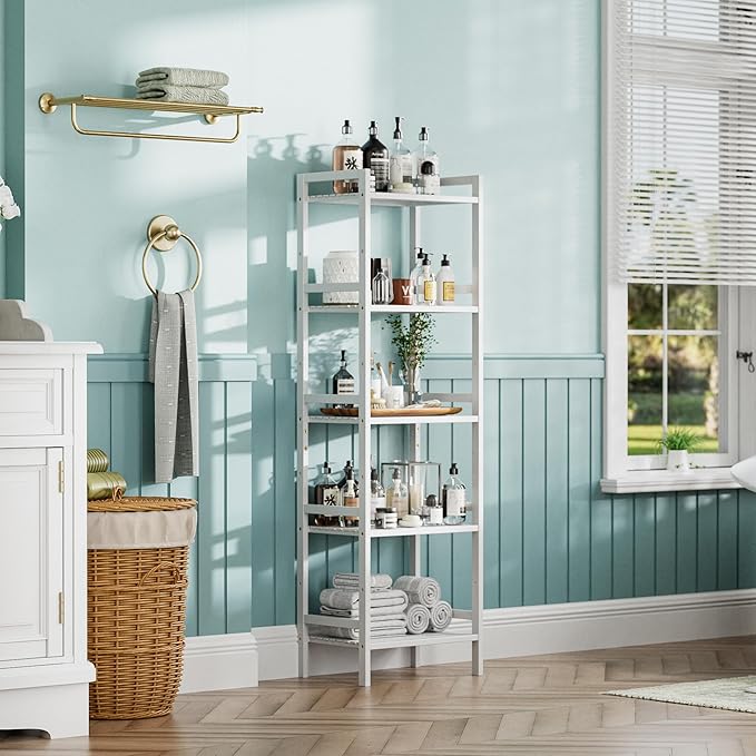 HITNET 5 Tier Bamboo Shelf, Tall Narrow Bookcase, Freestanding Bathroom Storage Unit with Adjustable Shelves, Modern Display Standing Bookshelf for Living Room, Bedroom, Home Office, White