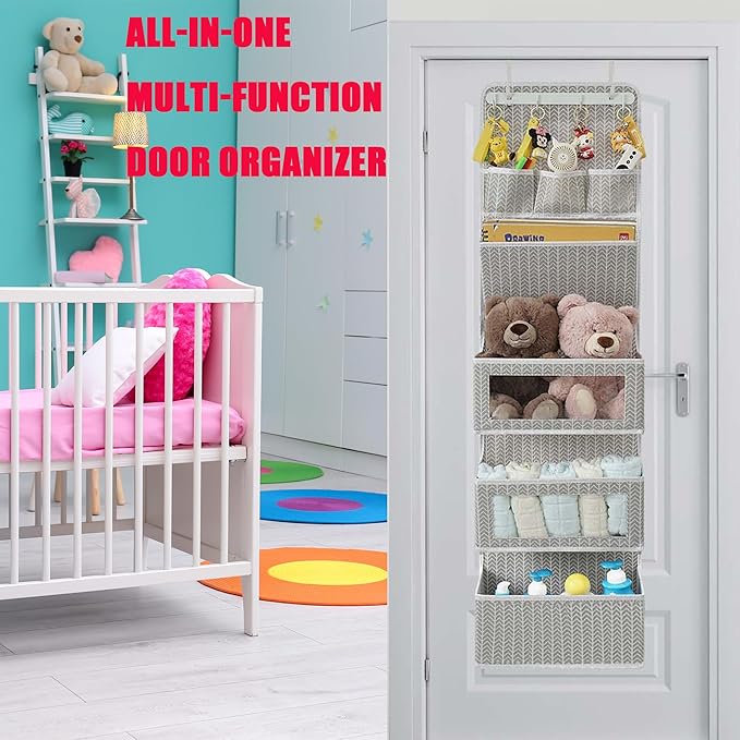 VICTORICH All-IN-ONE Over the Door Organizer, Super Behind the Door Storage Organizer with Door Rack and Large Clear Windows, Wall File Organizer, Hanging Organizer (New Branch Gray)