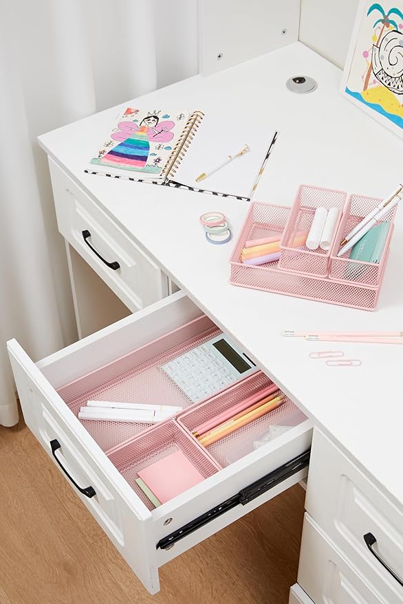 Annova Mesh Stackable Drawer Cabinet and Shelf Organizer Bins Storage Basket School Office Supply Holder Tray- Set of 2 (Light Pink, 3x12x2 Inch)-NeatNest