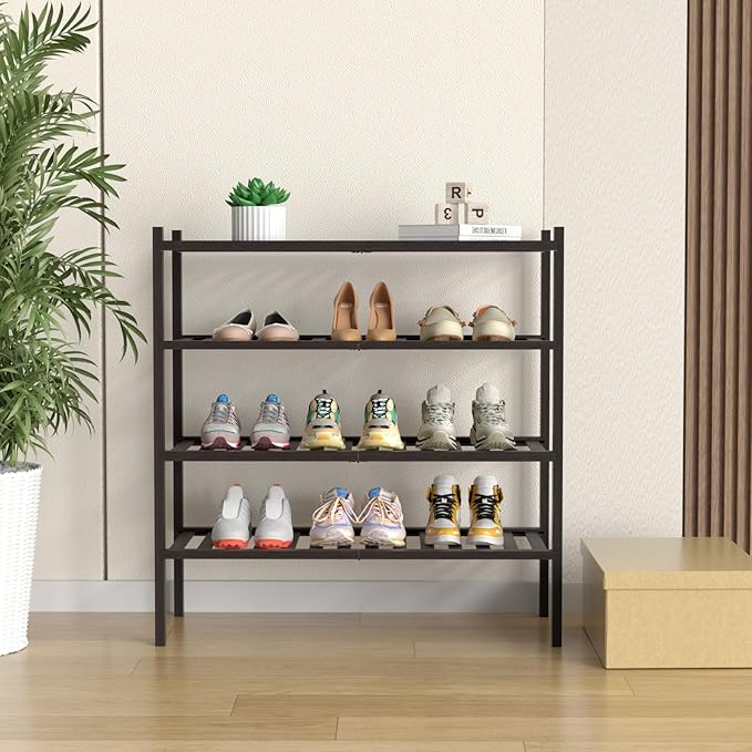 4 Tier Bamboo Shoe Rack for Closet Free Standing Wood Shoe Shelf for Entryway Small Space Stackable 27"x11"x26" (Brown)-NeatNest