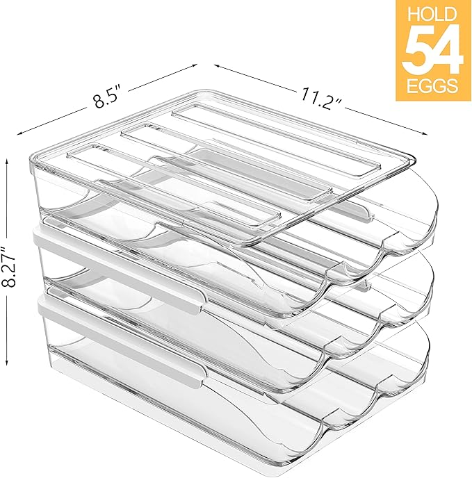 Egg Holder for Fridge 54 Capacity Automatic Rolling Egg Organizer for Refrigerator, Clear Stackable Container for Kitchen or Pantry Storage 3 Pack
