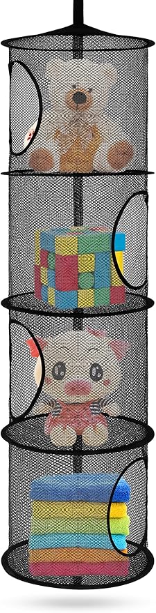Hanging Stuffed Animal Storage, Foldable Corner Stuffed Animal Storage Organizer 4 Compartments Toy Storage Organizer for Kid Room Toys, Gloves,Hats,Socks Storage（Black）-NeatNest