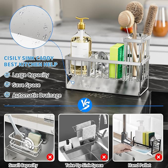 Cisily Sink Caddy Sponge Holder for Kitchen, 304 Stainless Steel Rustproof, Kitchen Sink Caddy with High Brush Holder, Dish Sponge Organizer with Divider(Silver)-NeatNest