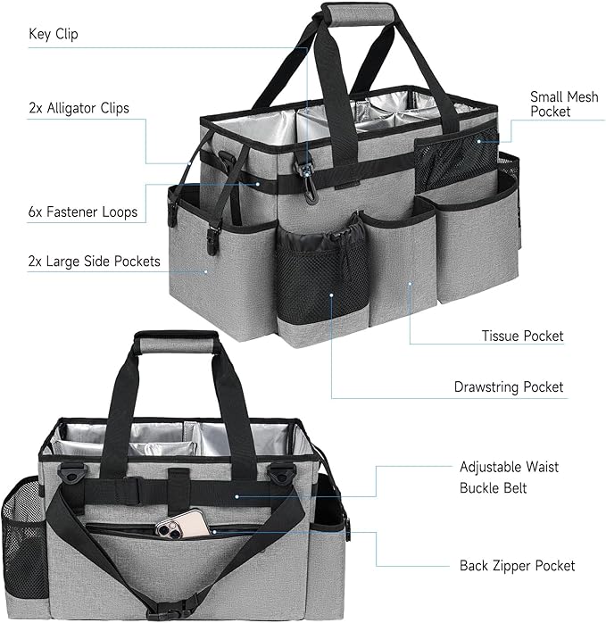 Cleaning Caddy Bag, Large Cleaning Supplies Organizer for Housekeepers, Housekeeping Caddy with Handle and Detachable Padded Cushion, Gray-NeatNest