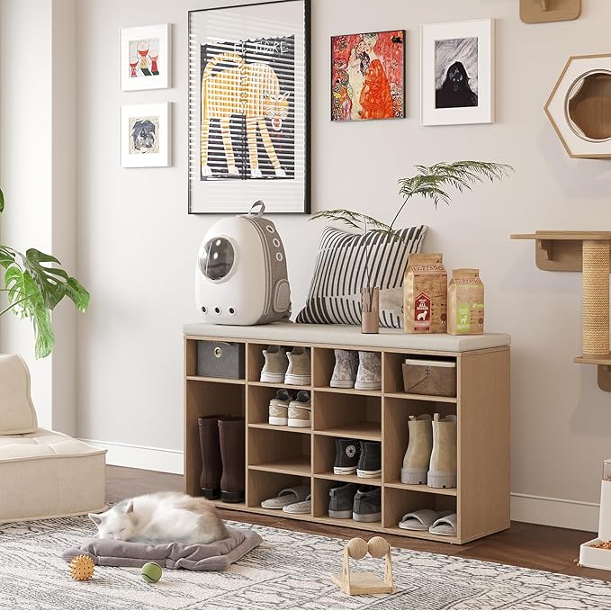 DINZI LVJ Shoe Storage Bench with Cushion, 16-Cubby Shoe Rack, Adjustable Shelves, 40.9" Long Shoe Organizer Bench for Entryway, Mudroom, Hallway, Garage, Natural and Cappuccino Beige-NeatNest