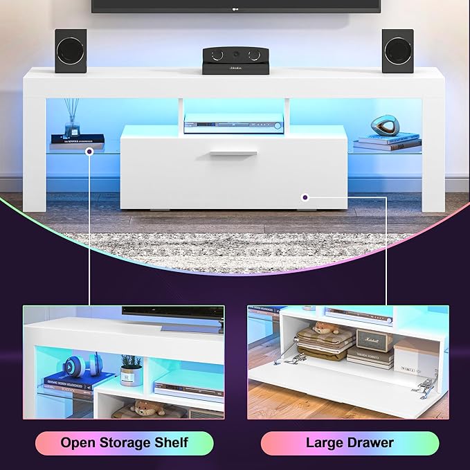 Clikuutory Modern Lighting 51 inch TV Stand with Large Storage Drawer for 32 40 50 55 Inch TVs, TV Console with 20 Color LED Lights, Entertainment Center Media and Open Shelf for Bedroom, White-NeatNest