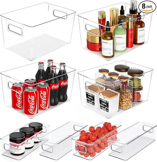 Clear Plastic Storage Bins 8 Pack - Pantry Organizers and Storage, Fridge Organizer Containers for Kitchen, Cabinet, Freezer, Bathroom, Clost, Home Organization-NeatNest