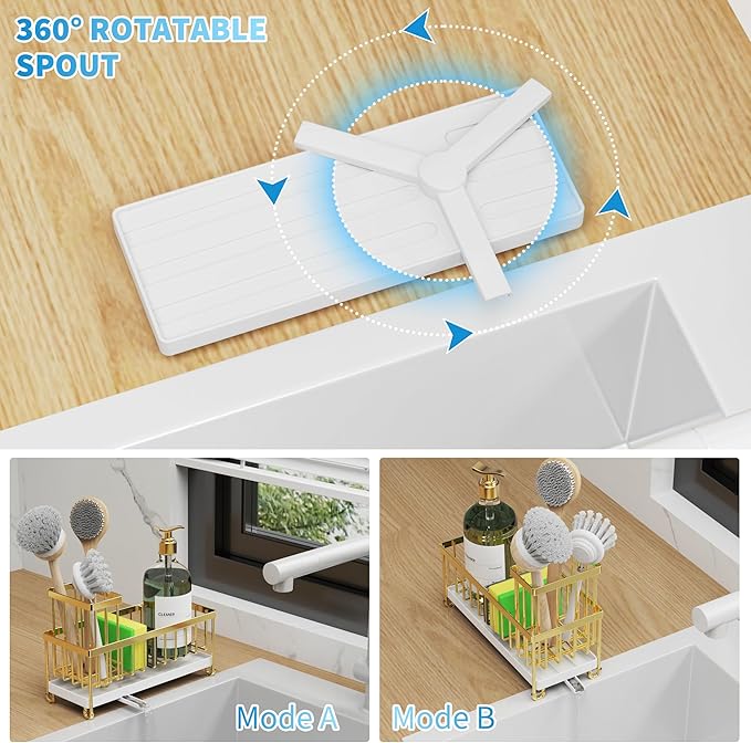 Cisily Gold Sponge Holder for Kitchen Sink, Sink Caddy Organizer with High Brush Holder, Kitchen Countertop Organizers and Storage Essentials, Rustproof 304 Stainless Steel, Soap Dispenser Organize-NeatNest