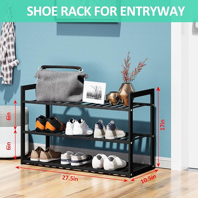 Bamboo Shoe Rack for Entryway, Stackable 3 Tier Shoe Organizer Shelf Storage 9-12 Pairs Shoes Stand Cubby for Closet Door Hallway Bedroom Garage Black, Thanksgiving-NeatNest