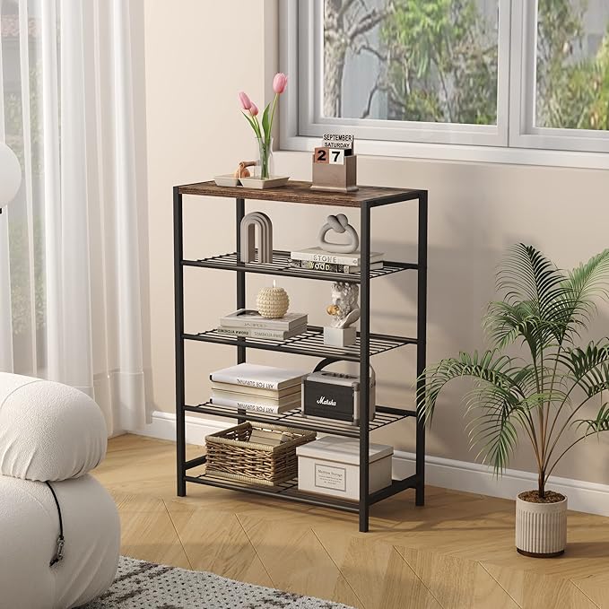 HOMEFORT 5-Tier Shoe Rack, Shoe Storage Shelf with MDF Top Board, Shoe Rack Organizer, Each Tier Fits 3 Pairs, Entryway Shoe Stand with Sturdy Shelves, Rustic Brown-NeatNest