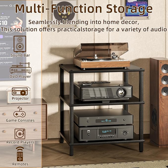 3-Tier AV Media Player Stand, Stereo Cabinet, Modern Stereo Cabine,Game Console Shelf,Wooden TV Stand,Multifunctional Entertainment Center, Suitable for Home, Conference Room, Game Studio,Black-NeatNest