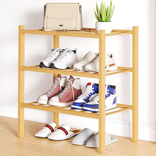 Smiry Shoe Rack, 3 Tier Small Bamboo Shoe Organizer, Stackable Free Standing Wooden Shoe Storage Shelf for Closet, Entryway, Front Door Entrance, Natural-NeatNest