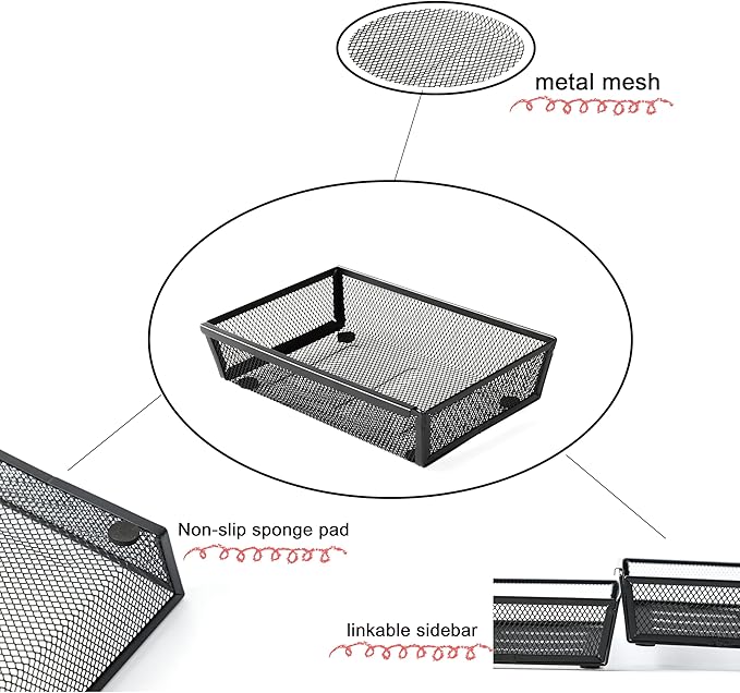 ihomecooker Mesh Tray Silverware Drawer Organizer, Utensil Cutlery Tray Office Supplies with Interlocking Arm Drawer Dividers Organizer for Flatware, Knives,Home,Office, School,Bedroom 9X6＂Black-NeatNest