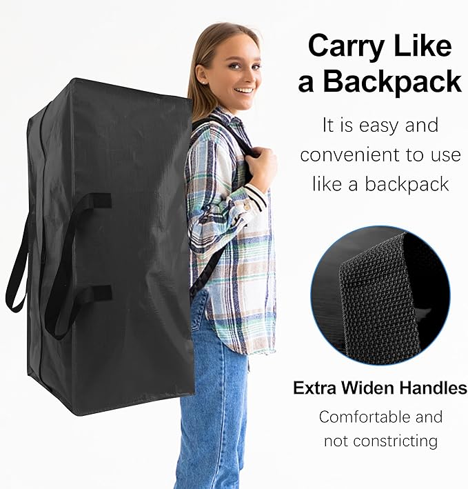 6 Pack Heavy Duty Extra Large Moving Bags W/Backpack Straps - Strong Handles & Zippers, Storage Totes For Space Saving, Fold Flat, Alternative to Box and Bin (40 gal, Black)