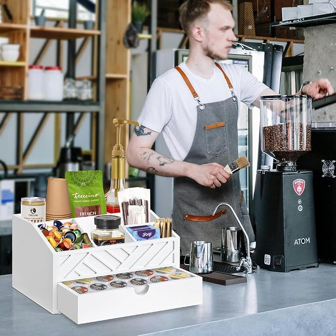 Coffee Bar Organizer with Drawer, Coffee Station Organizer for Countertop, Wood Coffee Bar Accessories Organizer for Coffee Bar Decor, Farmhouse Coffee Cup Pod Holder Condiment Organizer(White)-NeatNest