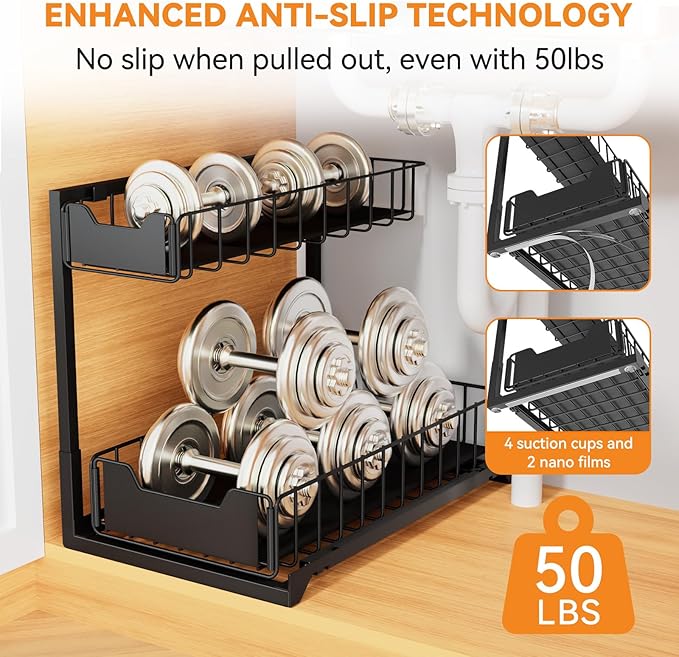 2 Pack Metal Under Sink Organizer, Pull Out Cabinet Organizer Rack with Silk-Smooth Bottom Drawer, Easy to Install, Multi-Purpose Storage Shelf for Bathroom, Kitchen, Vanity, Pantry-NeatNest