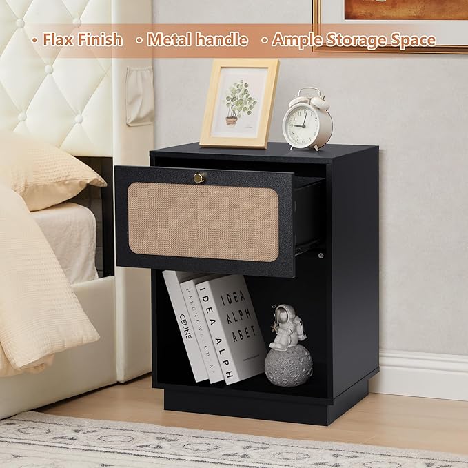 Mid Century Night Stand with Drawer, Farmhouse End Table with Storage & Curved Linen Panel, Modern Nightstands Bedside Table Small Side Tables for Small Space, Bedroom (Black)