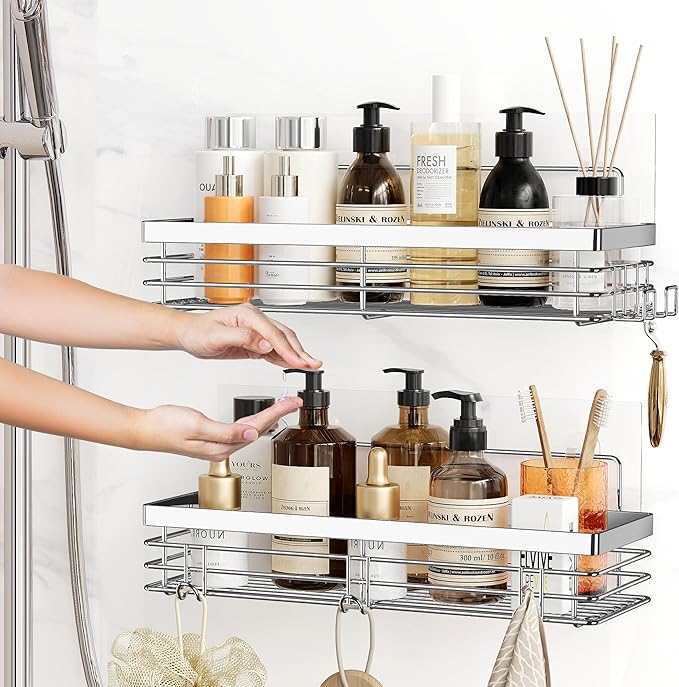 Orimade Shower Caddy with 5 Hooks Organizer for Hanging Razor and Sponge Bathroom Basket Adhesive Shower Shelf Storage Kitchen Rack Wall Mounted No Drilling Rustproof Stainless Steel - 2 Pack